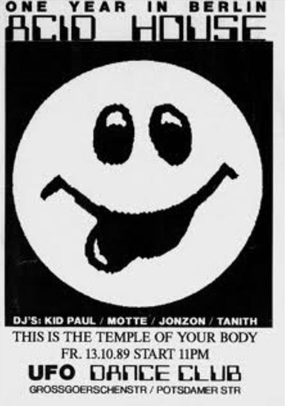 Flyer del UFO Club, primer epicentro del acid house berlinés.